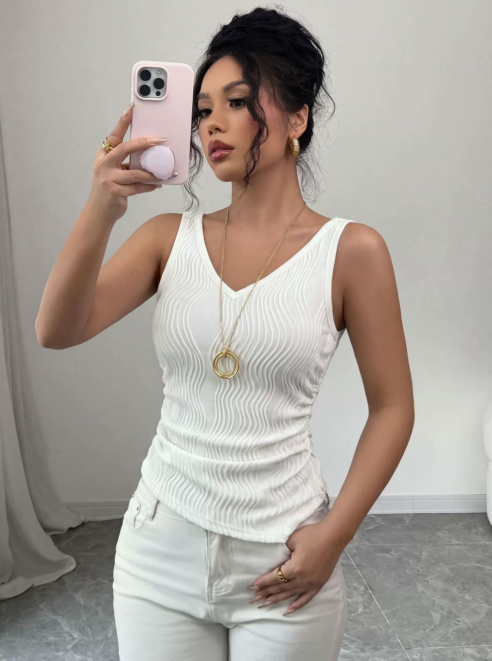 H&M Women White Textured Vertical Stripe Camisole Slim Fit Pleated Tank Top